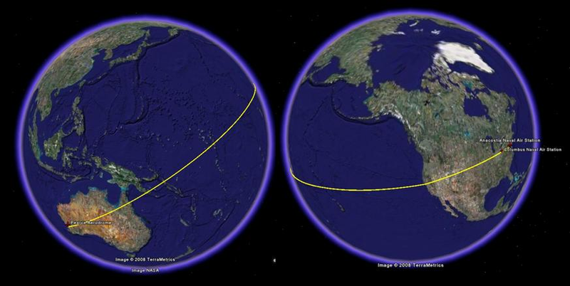 Great Cirlce map of the flight... the path was as straight as the weather allowed... the curves are minimized here as they are projected on a “globe” shaped map.